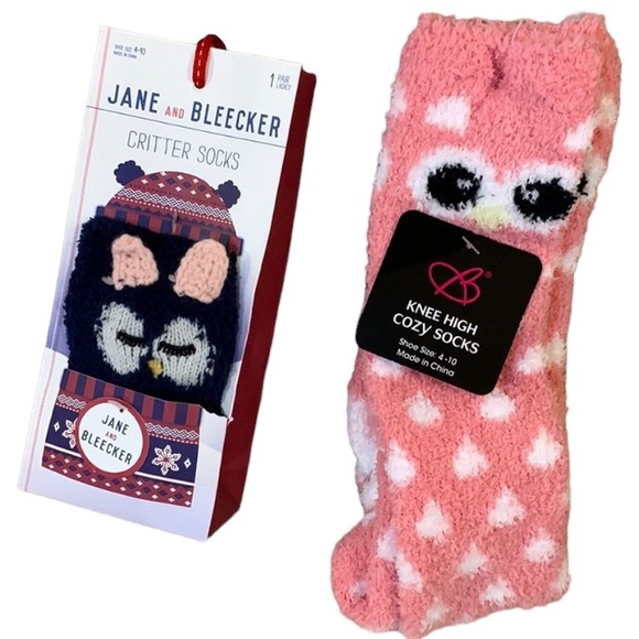 Bundle of 2 pairs of NWT Women’s owl face Slipper fuzzy SOFT Socks owl lovers - Picture 1 of 13